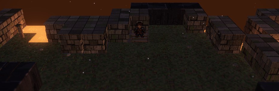 Angband のコア。夕焼けの空の下、石積みの壁に囲まれた町の広場で、下り階段の前に立っている