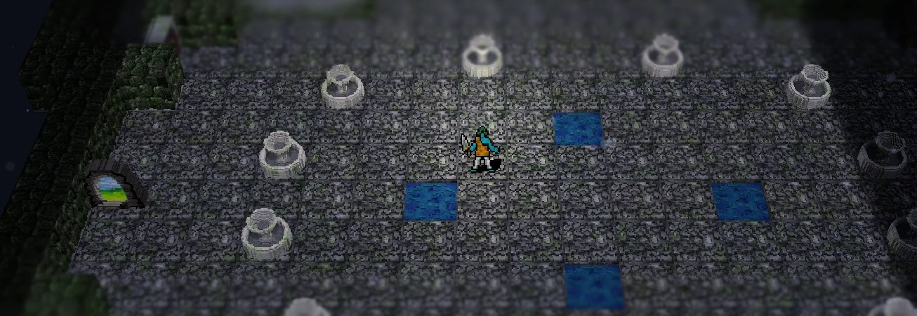 Dungeon Crawl Stone Soup のコア。噴水が並び、水のたまった石畳の部屋に立っている