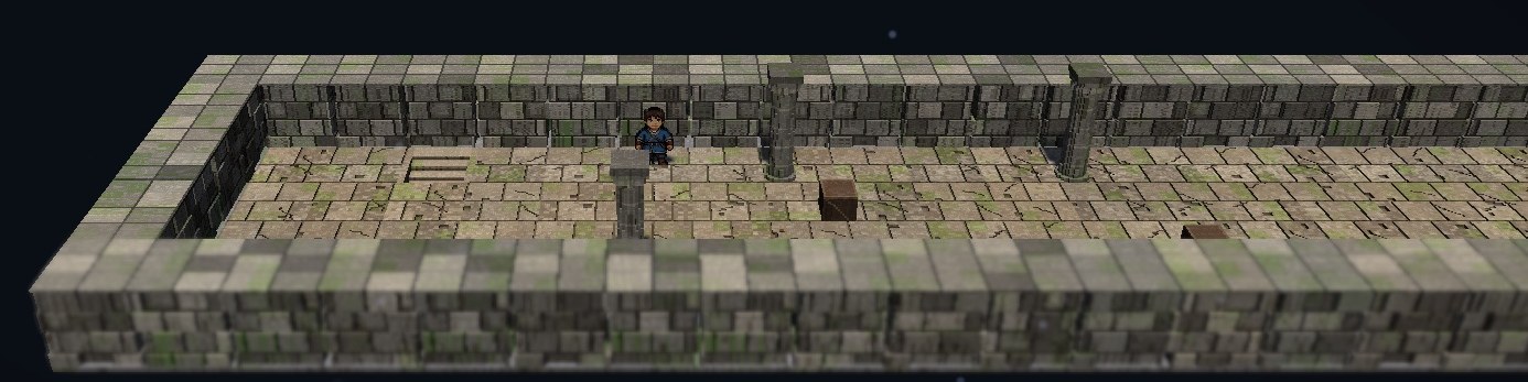 Rogue のコア。苔むした石の壁と柱に囲まれた細長い部屋に、下り階段と箱が置かれている